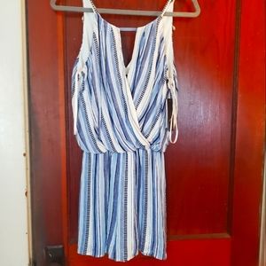 BCX halter surplice romper in blue, grey, white stripes - NWT